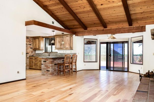 Empty room, Interior, Kitchen, Pendant Lights, Stone Walls, Wooden Beams, Wooden Ceilings, Wood Texture Flooring