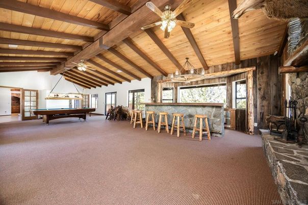 Billiard Table, Chandelier, Fireplace, Game Room, Interior, Pendant Lights, Wooden Beams, Wooden Ceilings