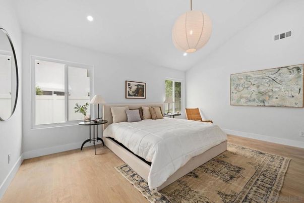 Bedroom, Interior, Pendant Lights, Recessed Lighting, Wood Texture Flooring