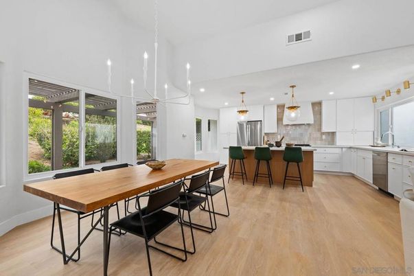 Dining room, Interior, Kitchen, Pendant Lights, Recessed Lighting, Stainless Steel Appliances, Wood Texture Flooring