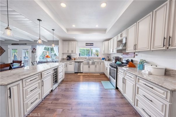 Interior, Kitchen, Pendant Lights, Recessed Lighting, Stainless Steel Appliances, Wood Texture Flooring