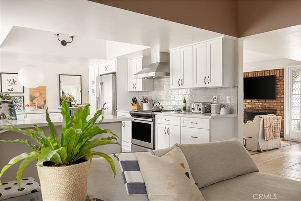 Fireplace, Interior, Kitchen, Stainless Steel Appliances, Stone Walls