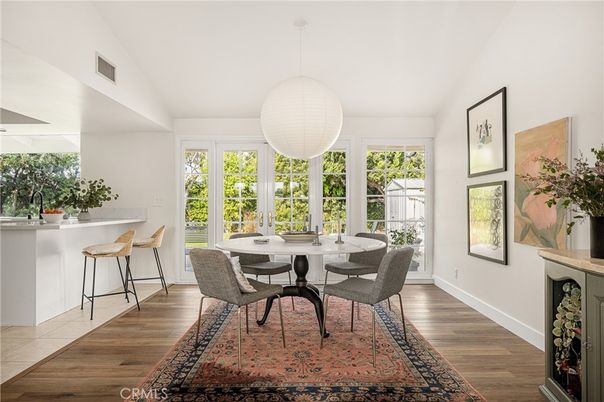 Dining room, Interior, Pendant Lights, Wood Texture Flooring