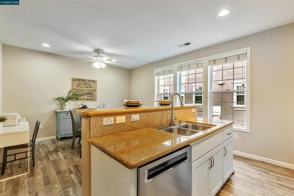 Dining room, Interior, Kitchen, Recessed Lighting, Wood Texture Flooring