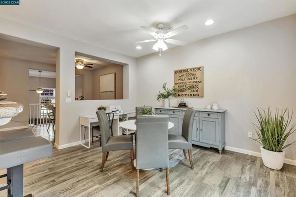 Dining room, Interior, Recessed Lighting, Wood Texture Flooring