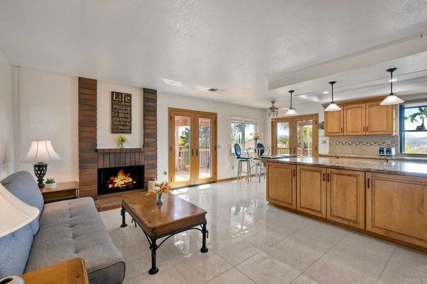 Fireplace, Interior, Kitchen, Living room, Pendant Lights
