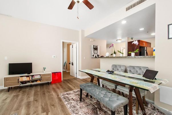 Dining room, Interior, Recessed Lighting, Wood Texture Flooring