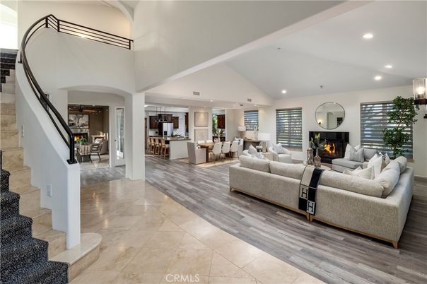 Dining room, Fireplace, Interior, Kitchen, Living room, Recessed Lighting, Wood Texture Flooring