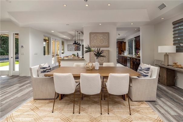 Dining room, Interior, Pendant Lights, Recessed Lighting, Wood Texture Flooring
