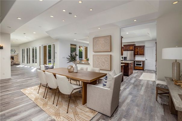 Dining room, Interior, Kitchen, Recessed Lighting, Stainless Steel Appliances, Wood Texture Flooring