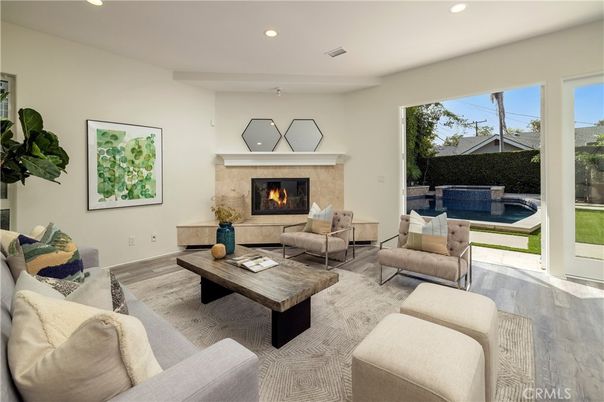 Fireplace, Interior, Living room, Recessed Lighting, Wood Texture Flooring
