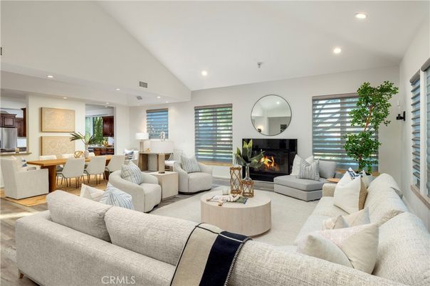Dining room, Fireplace, Interior, Living room, Recessed Lighting, Wood Texture Flooring