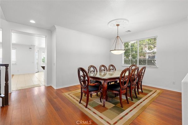 Dining room, Interior, Pendant Lights, Recessed Lighting, Wood Texture Flooring