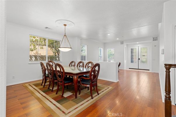 Dining room, Interior, Pendant Lights, Recessed Lighting, Wood Texture Flooring