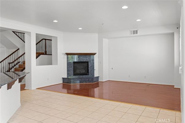 Empty room, Fireplace, Interior, Recessed Lighting, Wood Texture Flooring