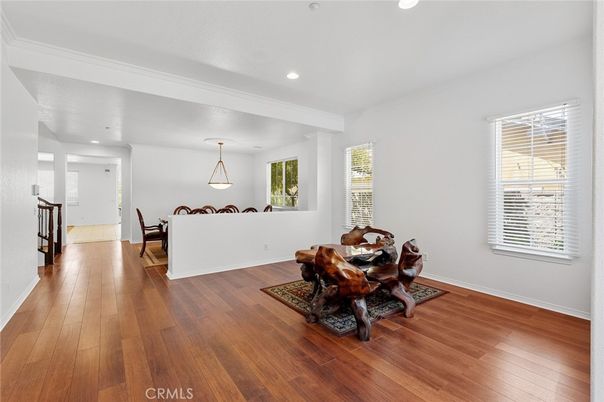 Dining room, Interior, Pendant Lights, Recessed Lighting, Wood Texture Flooring