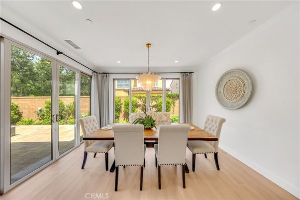 Dining room, Interior, Pendant Lights, Recessed Lighting, Wood Texture Flooring