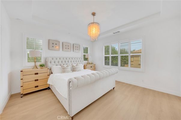 Bedroom, Chandelier, Interior, Wood Texture Flooring