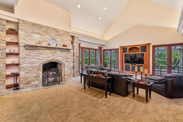 Fireplace, Interior, Living room, Recessed Lighting, Stone Walls