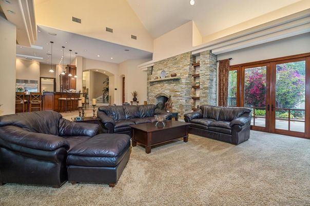 Fireplace, Interior, Kitchen, Living room, Pendant Lights, Recessed Lighting, Stone Walls