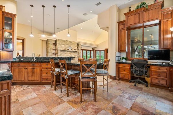 Interior, Kitchen, Pendant Lights, Recessed Lighting, Stone Walls