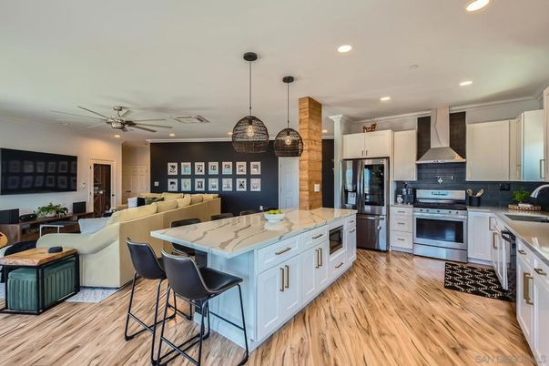 Interior, Kitchen, Living room, Pendant Lights, Recessed Lighting, Stainless Steel Appliances, Wood Texture Flooring
