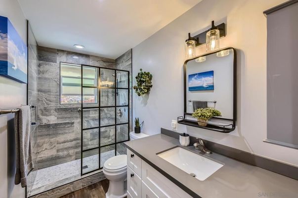 Bathroom, Glass Shower, Interior, Recessed Lighting, Wood Texture Flooring