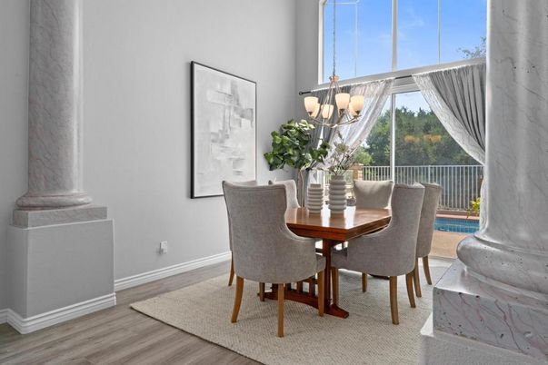 Dining room, Interior, Pendant Lights, Wood Texture Flooring