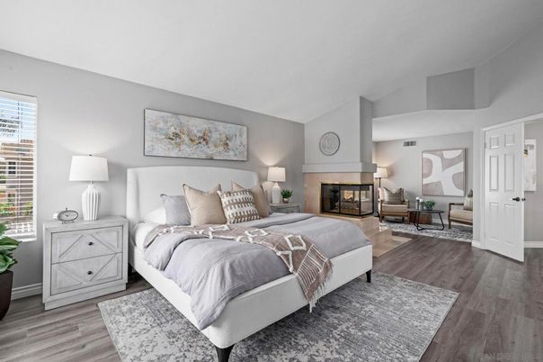 Bedroom, Fireplace, Interior, Wood Texture Flooring
