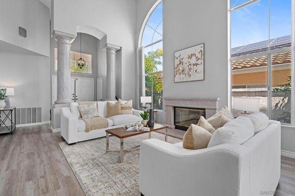Fireplace, Interior, Living room, Pendant Lights, Wood Texture Flooring