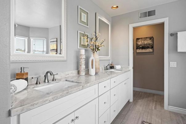 Bathroom, Dual Sink Vanities, Interior, Recessed Lighting, Wood Texture Flooring