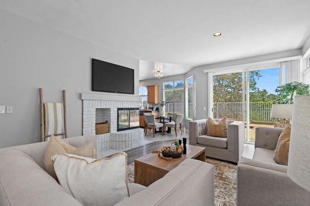 Chandelier, Dining room, Fireplace, Interior, Living room, Recessed Lighting, Wood Texture Flooring