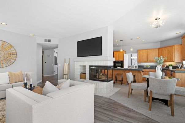 Dining room, Fireplace, Interior, Kitchen, Living room, Pendant Lights, Recessed Lighting, Wood Texture Flooring