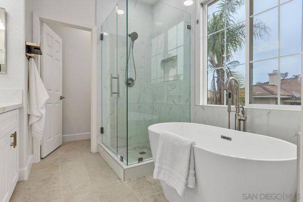 Bathroom, Free Standing Baths, Glass Shower, Interior, Marble Walls