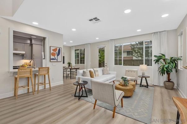 Dining room, Interior, Kitchen, Living room, Recessed Lighting, Wood Texture Flooring