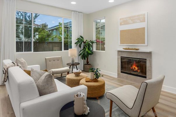 Fireplace, Interior, Living room, Recessed Lighting, Wood Texture Flooring