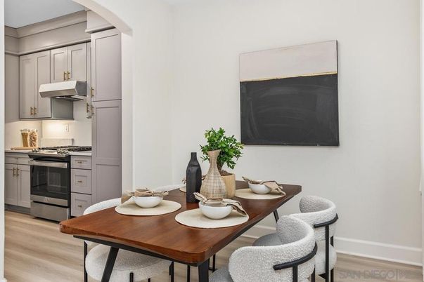 Dining room, Interior, Kitchen, Stainless Steel Appliances, Wood Texture Flooring