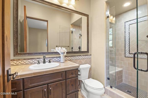 Bathroom, Glass Shower, Interior, Recessed Lighting, Tile Countertops