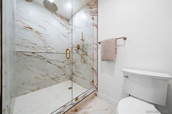 Bathroom, Glass Shower, Interior, Marble, Marble Walls, Recessed Lighting