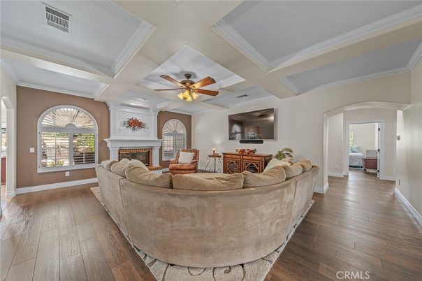Fireplace, Interior, Living room, Recessed Lighting, Wood Texture Flooring