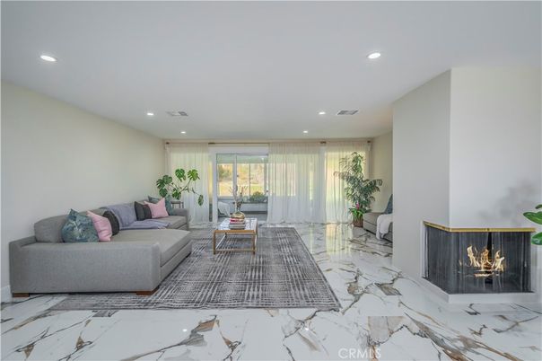 Fireplace, Interior, Living room, Marble, Recessed Lighting