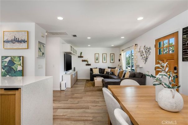 Dining room, Interior, Living room, Recessed Lighting, Wood Texture Flooring