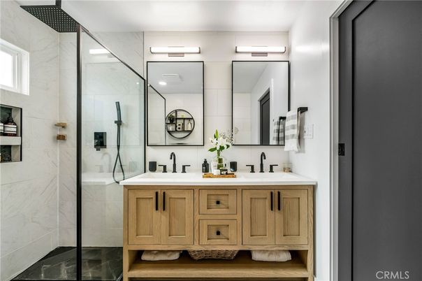 Bathroom, Dual Sink Vanities, Glass Shower, Interior, Marble Walls