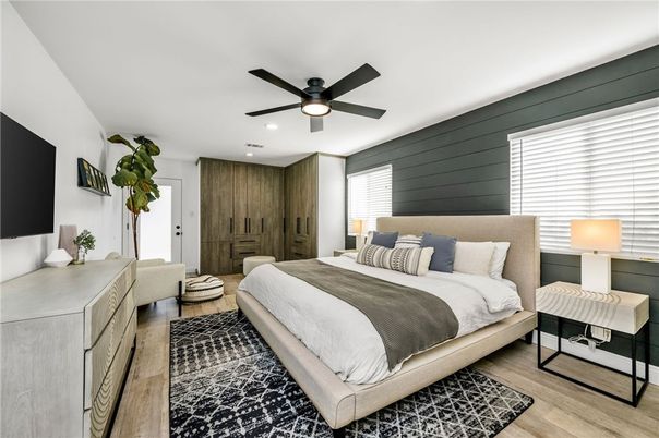 Bedroom, Interior, Recessed Lighting, Wood Texture Flooring