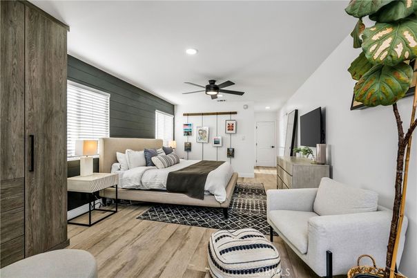 Bedroom, Interior, Recessed Lighting, Wood Texture Flooring