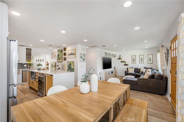 Dining room, Interior, Kitchen, Living room, Recessed Lighting, Wood Texture Flooring