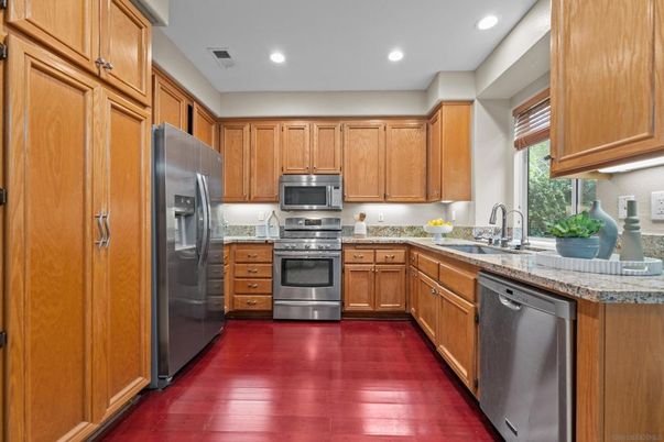 Interior, Kitchen, Recessed Lighting, Stainless Steel Appliances, Wood Texture Flooring
