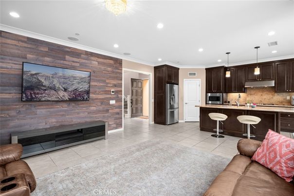 Interior, Kitchen, Living room, Pendant Lights, Recessed Lighting, Stainless Steel Appliances, Wooden Walls