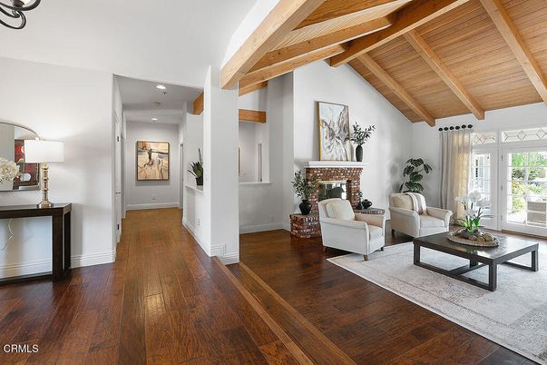Fireplace, Interior, Living room, Recessed Lighting, Wooden Beams, Wooden Ceilings, Wood Texture Flooring