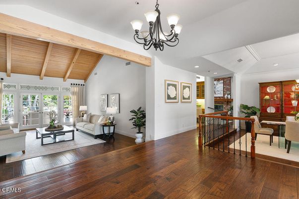 Chandelier, Dining room, Interior, Living room, Recessed Lighting, Wooden Beams, Wooden Ceilings, Wood Texture Flooring
